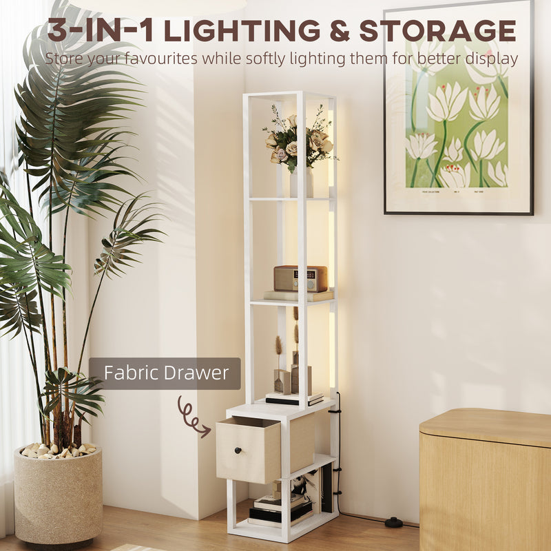Modern LED Floor Lamp With Storage Shelves And Fabric Drawer For Living Room, White