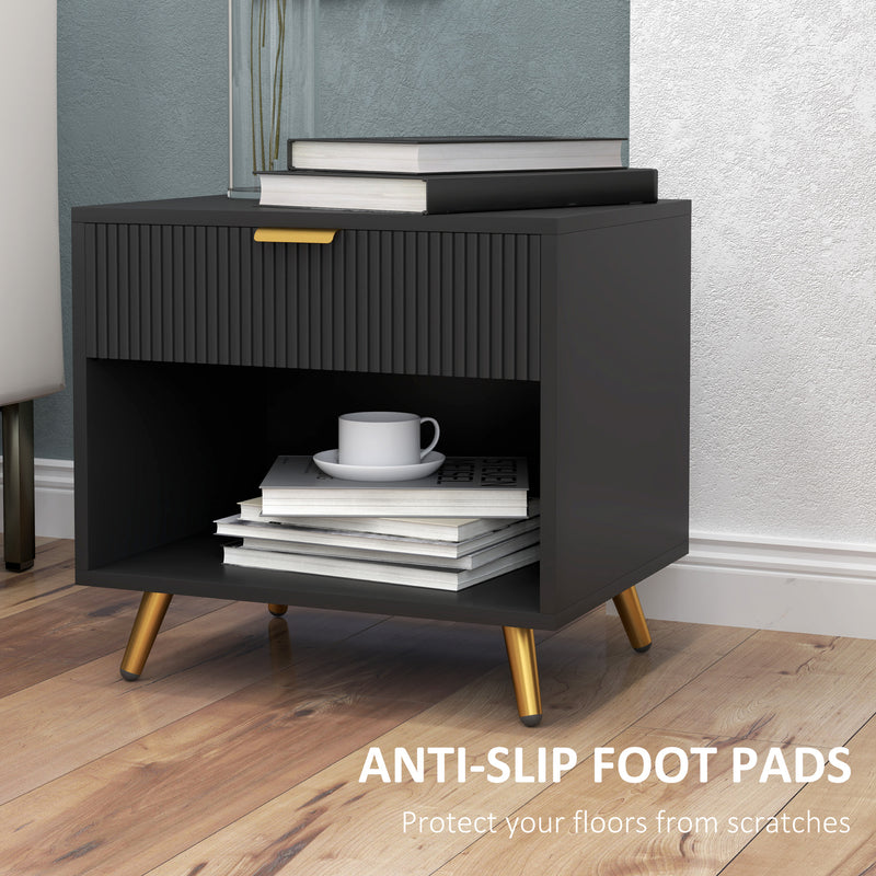 Black and Gold Bedside Table with Drawer and Shelf for Elegant Storage by HOMCOM