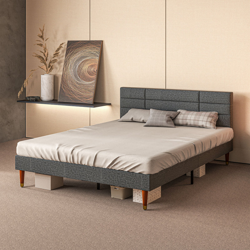 Upholstered King Size Bed Frame with Padded Headboard and Slatted Base Grey