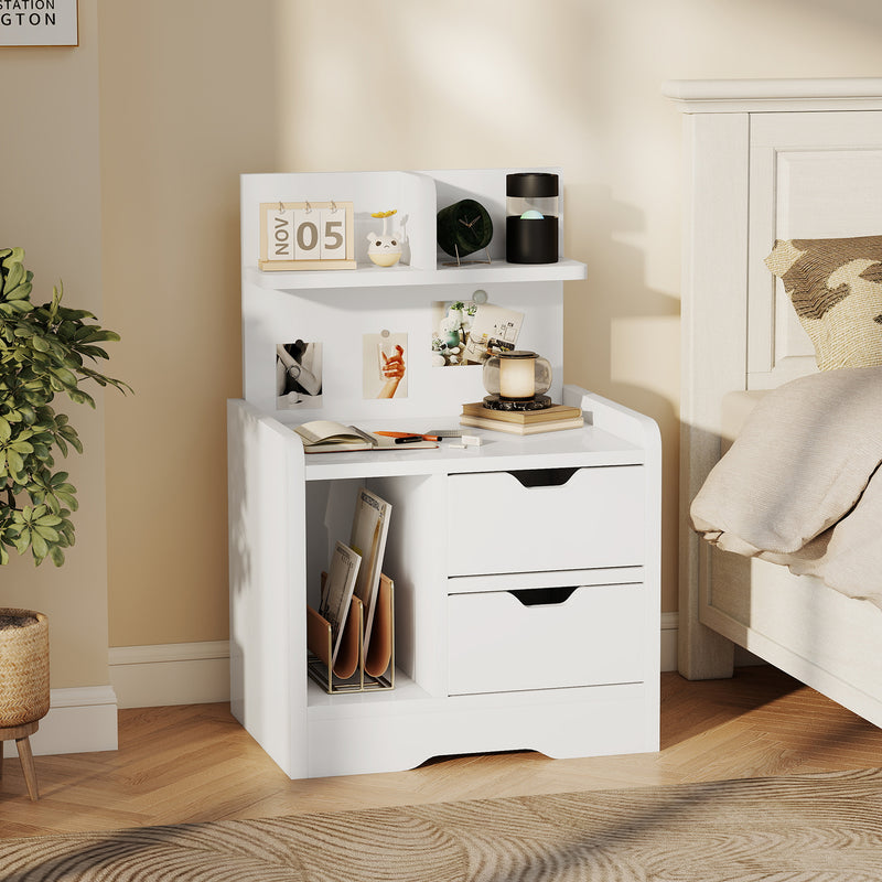 Modern Bedside Table with 2 Drawers and Open Storage Shelves for Bedroom White