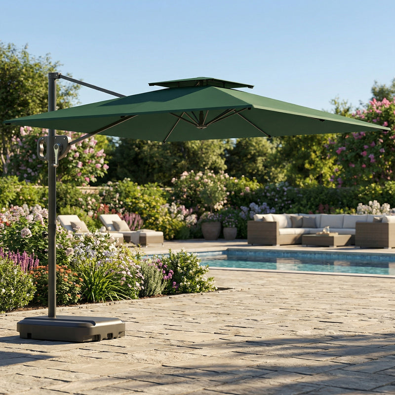 Square Cantilever Parasol with Base For Patio or Garden - UV30+ Adjustable Shade,  Dark Green