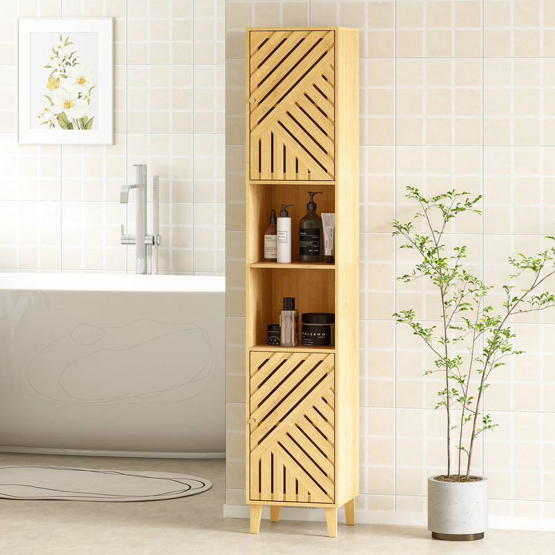 Tall Bathroom Storage Cabinet With Shelves and Cupboard Ideal for Small Spaces, Natural