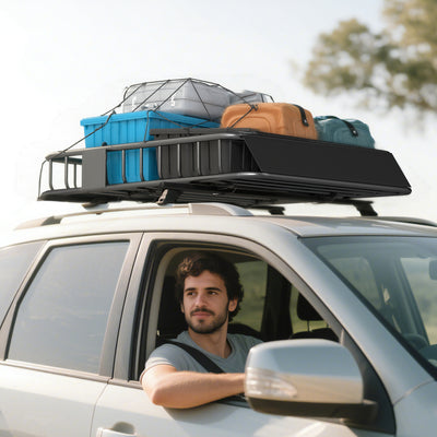 Steel Roof Rack Cargo Basket With Wind Fairing For Cars and SUVs 90kg Capacity, Black