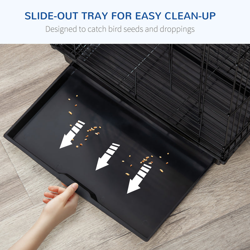 Tall Bird Cage With Open Top Stand and Feeding Bowls for Parakeets and Finches, Black