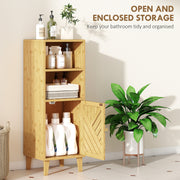 Slim Freestanding Bathroom Cabinet With Bamboo Door And Open Shelves For Storage, Natural Wood Finish