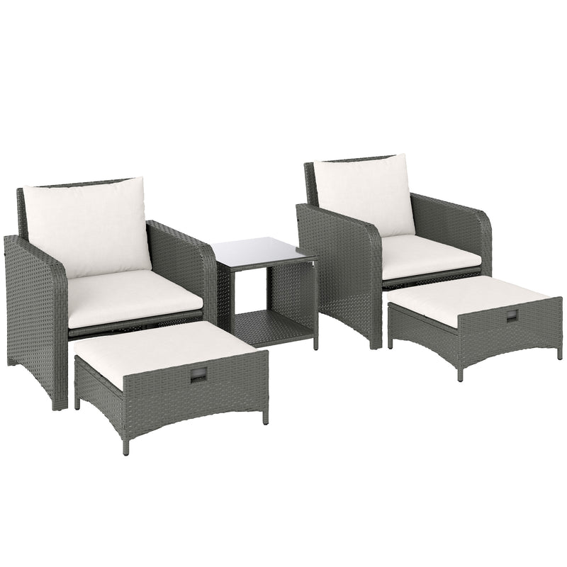 Five Piece Rattan Garden Furniture Set with Coffee Table and Ottomans in Cream White by Outsunny
