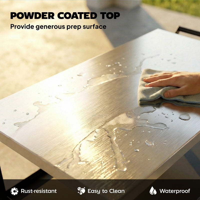 Outdoor BBQ Prep Table with Stainless Steel Top and Shelves for Easy Garden Cooking Black