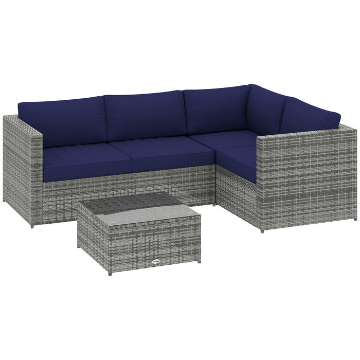 3 Seater Rattan Garden Sofa Set With Coffee Table Grey With Blue Cushions By Outsunny