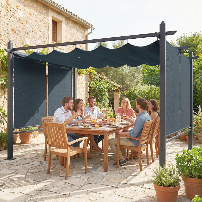 Retractable Garden Pergola with Adjustable Roof and Privacy Sides for Year Round Shelter Dark Grey