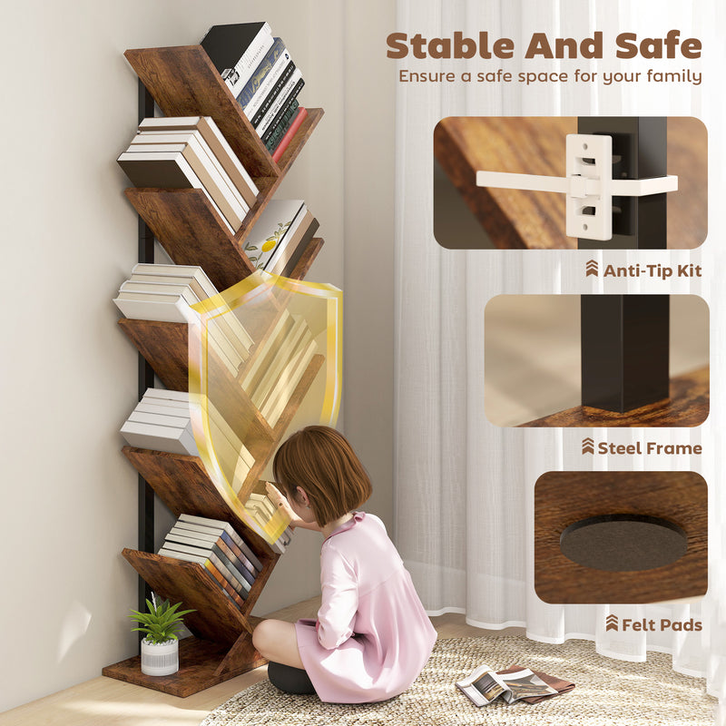 Eight Shelf Tree Bookcase With Space Saving Design For Bedroom Or Lounge, Wood Effect