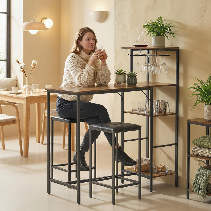 Breakfast Bar Table and Stools Set with Shelving and Glass Racks for Small Kitchens Rustic Brown AOSOM