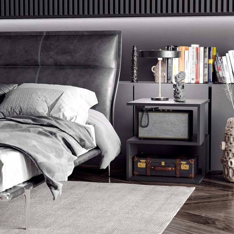 Set of 2 Modern Side Tables with 2 Tier Storage for Living Room or Bedroom Black