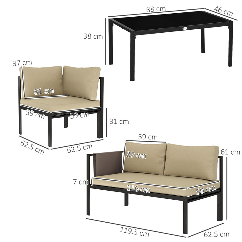 4 Piece Metal Garden Furniture Set with Glass Table and Padded Cushions Khaki by Outsunny