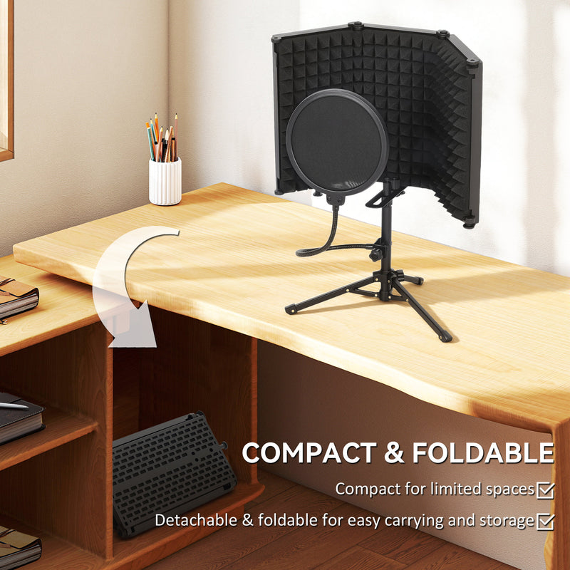 Foldable Studio Microphone Isolation Shield With Pop Filter And Tripod Stand Black AOSOM