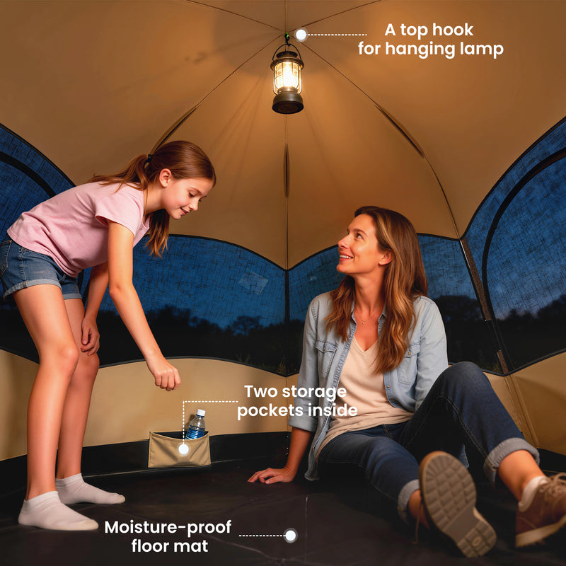 Pop Up 4 Person Tent for Quick Group Camping Shelter with Mesh Windows Brown and Khaki
