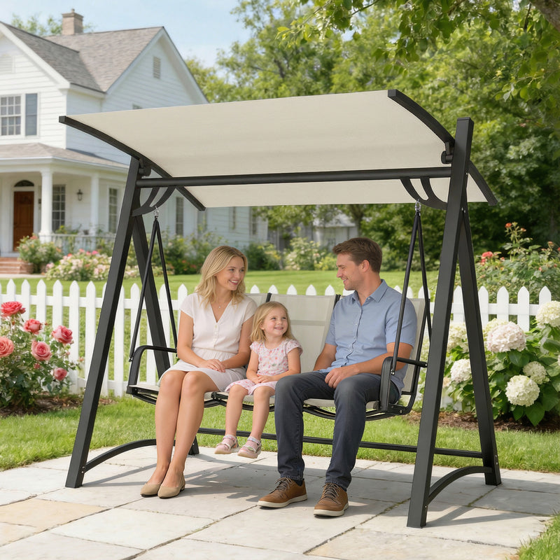 Garden Swing Chair 3 Seater with Adjustable Canopy for Shaded Outdoor Relaxing, Cream White Outsunny