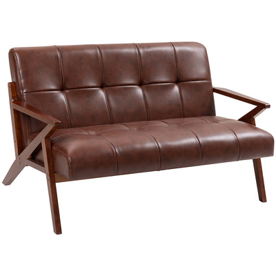 Compact 2 Seater PU Leather Sofa With Tufted Back And Wooden Legs For Home Office Brown