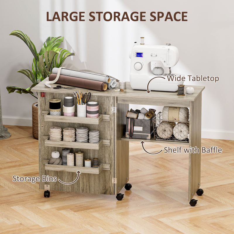 Grey Folding Sewing Table with Drop Leaf Storage Bins Shelves and Wheels by HOMCOM AOSOM