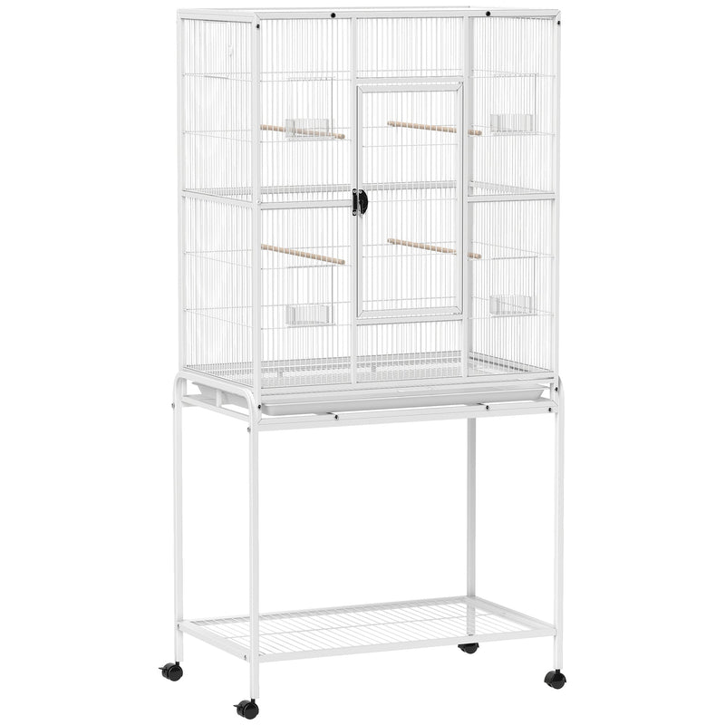 White large bird cage on a wheeled stand with a bottom shelf on a white background