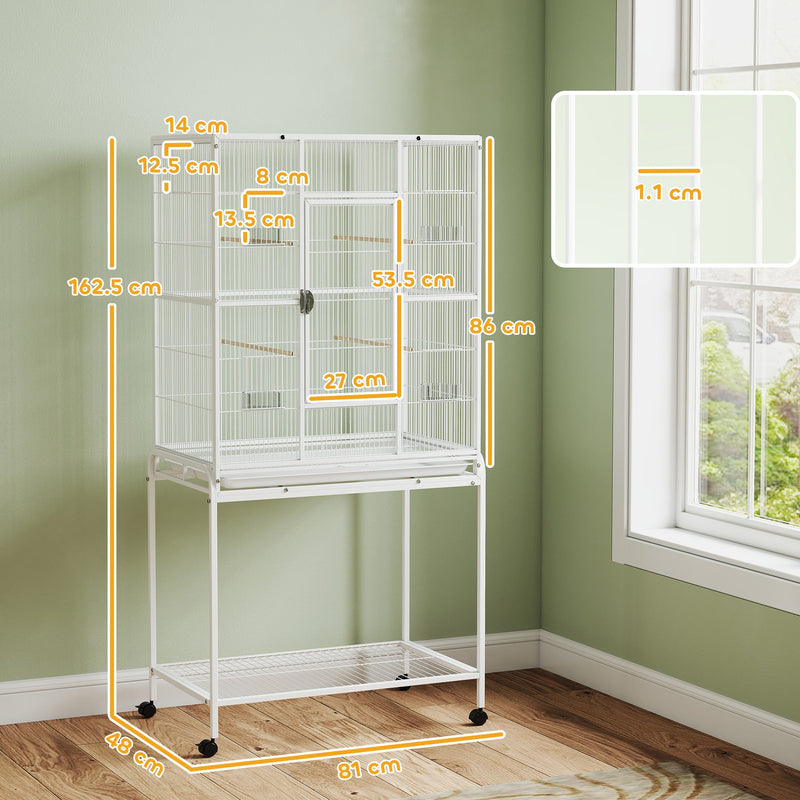 Dimensions diagram of the bird cage showing 162.5 cm height, 81 cm width, 48 cm depth and door sizes
