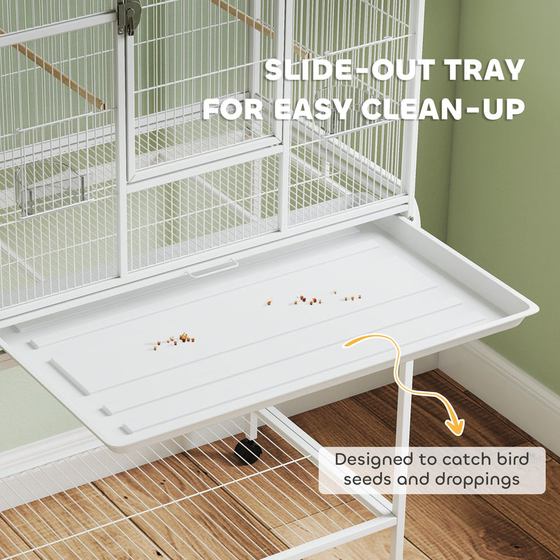 Slide-out tray pulled from the base of the bird cage to catch seed and droppings