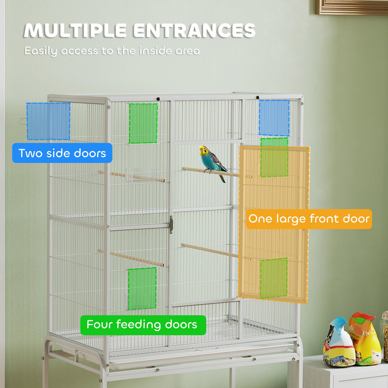 Bird cage with highlighted front door, two side doors and four feeding doors