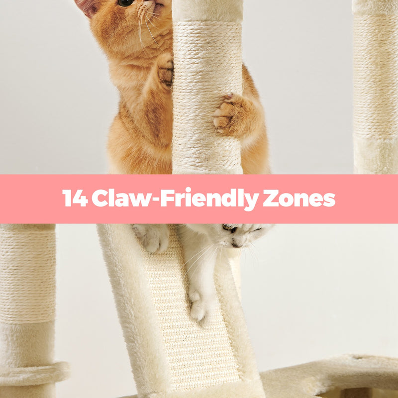 Full height view of the cat tree tower in a living room setting