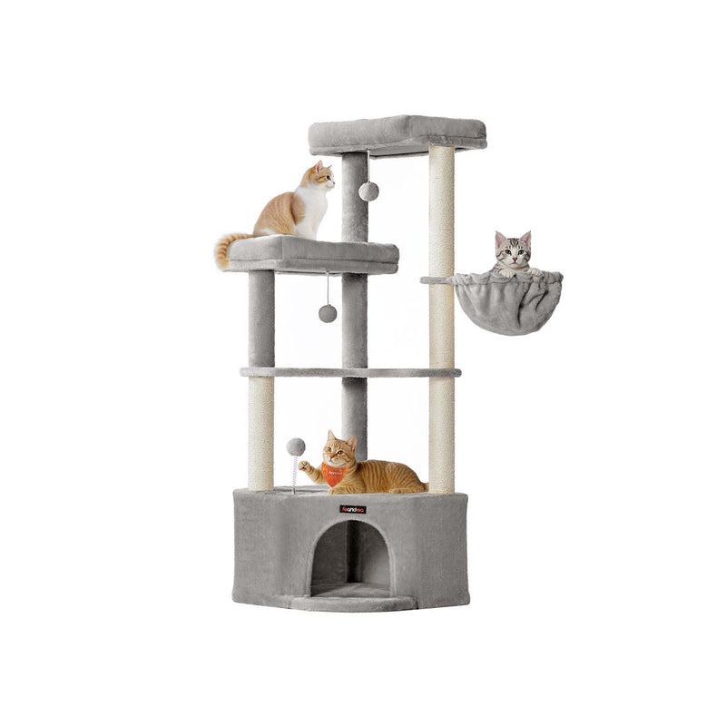 Feandrea large cat tree tower in light grey with cave and basket perches