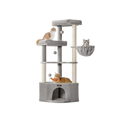 Feandrea large cat tree tower in light grey with cave and basket perches