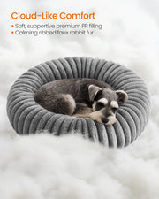 Cloud-like comfort infographic showing the PP filling and ribbed faux rabbit fur inside the Feandrea pet bed