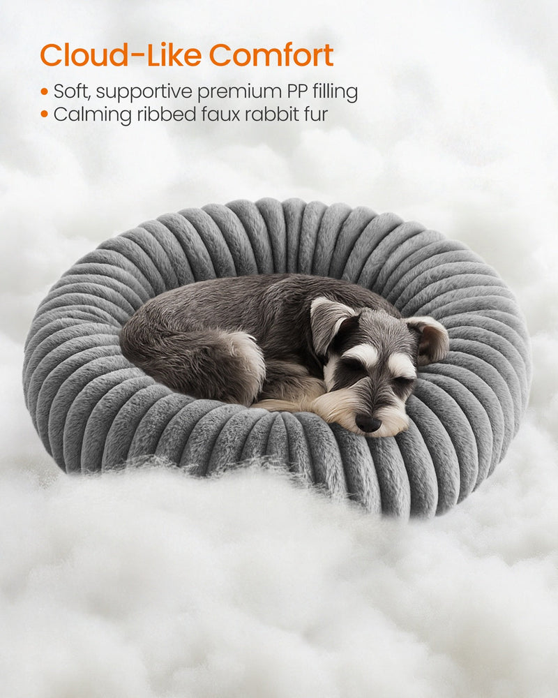 Cloud-like comfort infographic showing the PP filling and ribbed faux rabbit fur inside the Feandrea pet bed