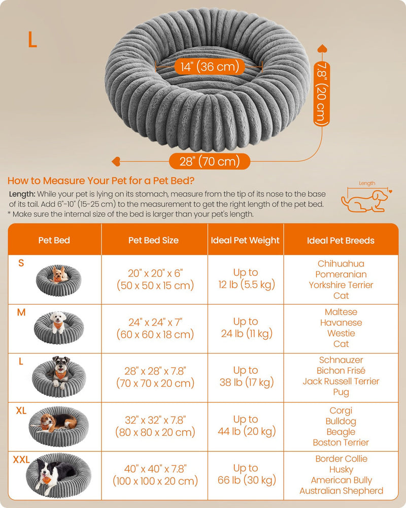 Feandrea pet bed size chart comparing S, M, L, XL and XXL dimensions and ideal pet weight