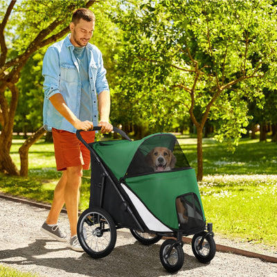 Man walking dog in the large dog stroller in a park
