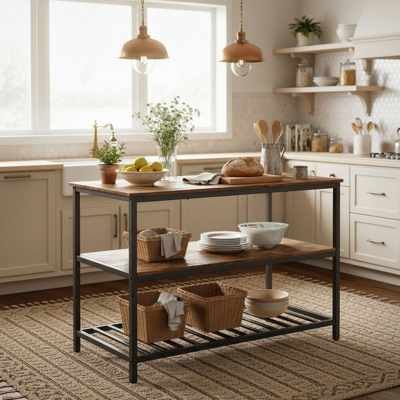 Kitchen storage rack shown in a dining room setting