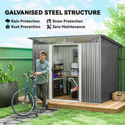 Galvanised steel structure panel with a man wheeling a bicycle out of the open shed