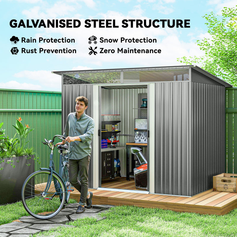 Galvanised steel structure panel with a man wheeling a bicycle out of the open shed