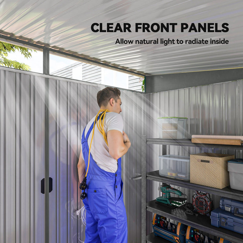 Clear front panels panel showing daylight falling through the roof lights onto shelving