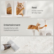 Hanging pompom balls with bells on the cream white cat tree