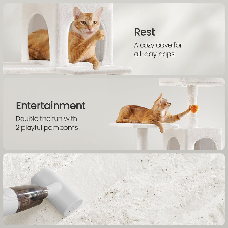 Hanging pompom balls with bells on the cream white cat tree