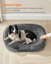 Dog resting with its head on the raised wraparound edge of the bed