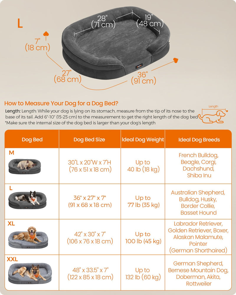 Labelled dimensions diagram and sizing table showing the large bed measures 91 x 68 x 18cm for dogs up to 35kg