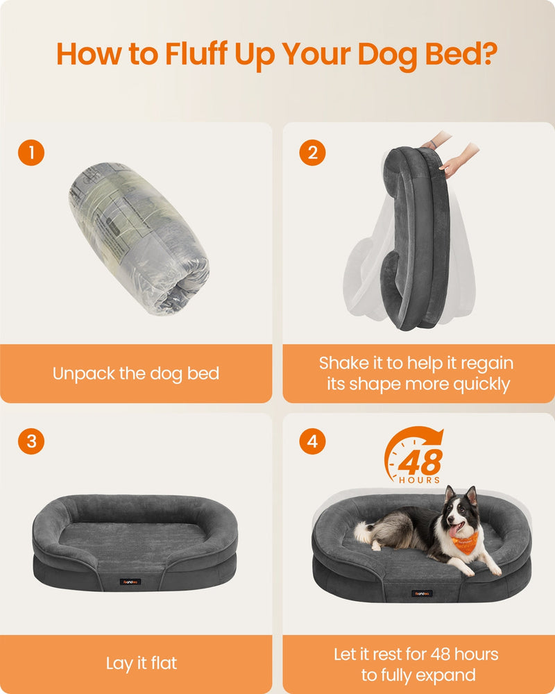 4-step guide showing how to unpack and fluff up the bed before use