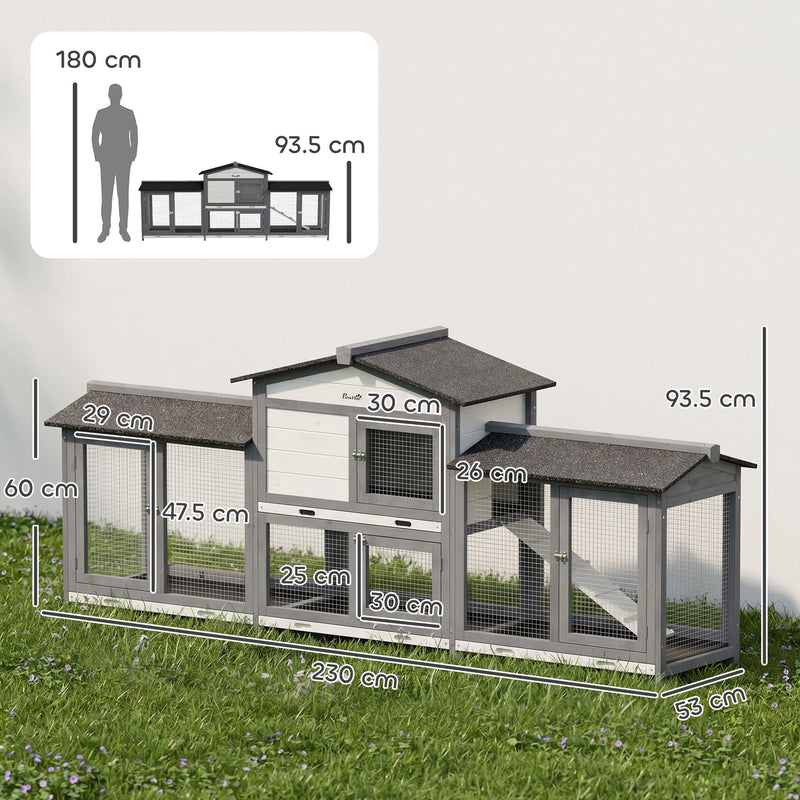Dimensions diagram of the rabbit hutch showing 230 cm length, 53 cm depth and 93.5 cm height