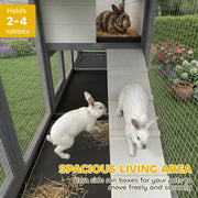 Inside the rabbit hutch with 3 rabbits on the ramp and run floor, labelled as holding 2 to 4 rabbits