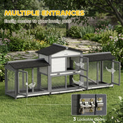 Rabbit hutch with its doors swung open in a garden, with an inset close-up of the lockable latch