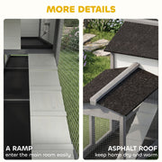 Split close-up of the rabbit hutch ramp leading to the main room and the asphalt-covered roof