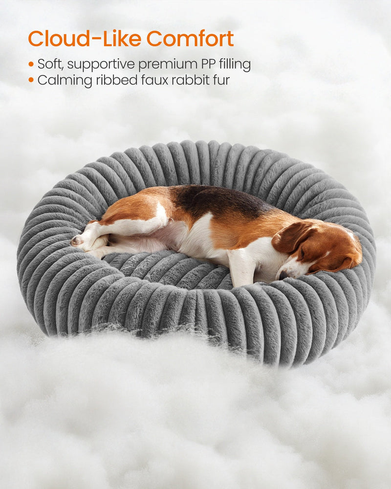 Cloud-like comfort infographic showing the PP filling and ribbed faux rabbit fur inside the Feandrea pet bed