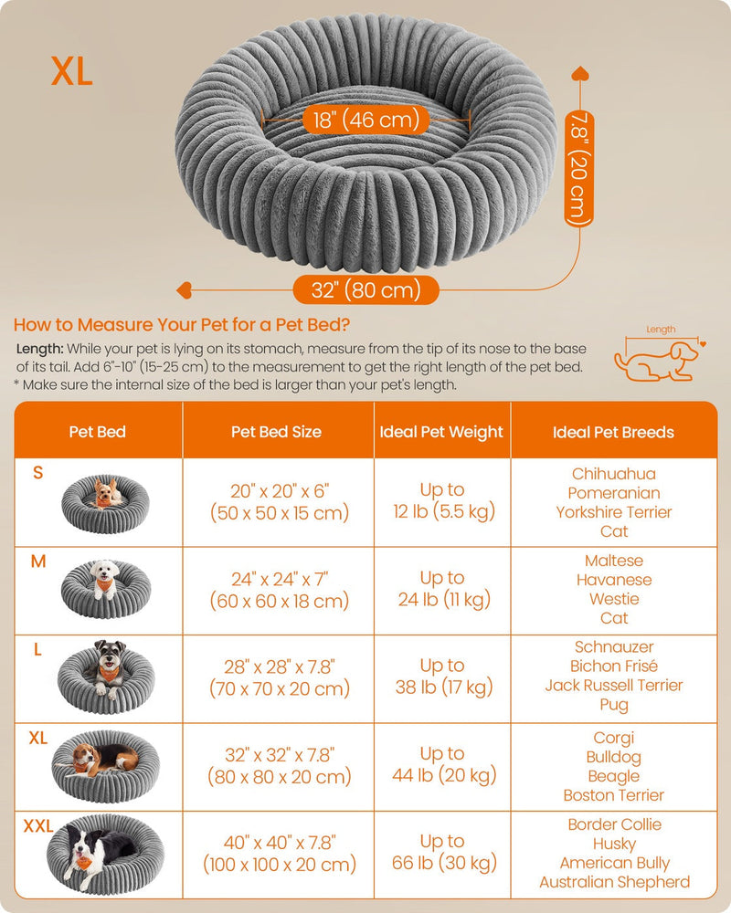 Feandrea pet bed size chart comparing S, M, L, XL and XXL dimensions and ideal pet weight