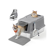 Extra large stainless steel cat litter box with flip lid, dove grey, cat entering through front flap