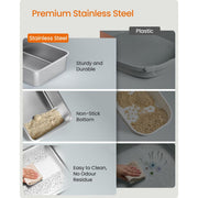 Comparison of the stainless steel tray against a plastic tray, showing stain and odour resistance